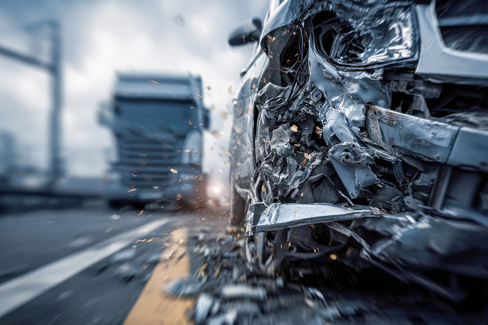Dramatic front-end collision between vehicles on a busy highway, representing the severe damage common in Nevada truck accident claims