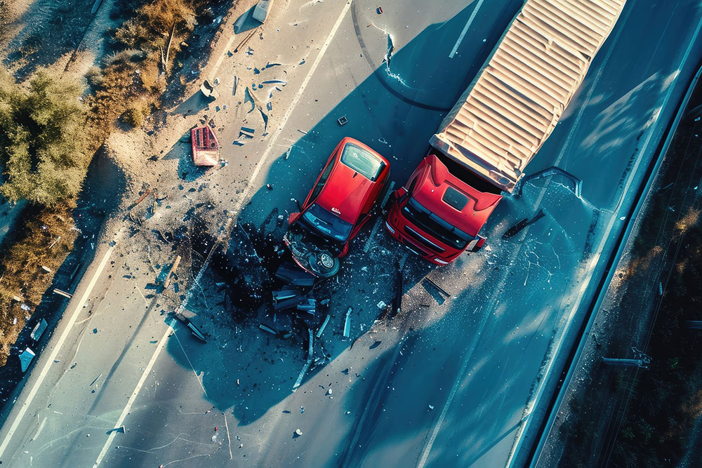 High-angle view of a dangerous car and truck accident on the road, symbolizing complex liability issues in Nevada trucking cases
