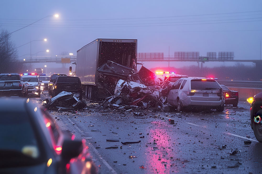 Serious multi-vehicle accident on a highway with emergency response vehicles at the scene
